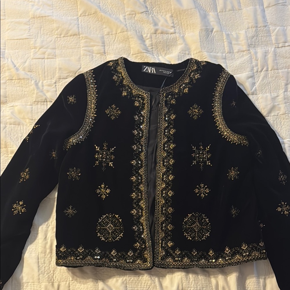Zara Black and Gold Velvet Blazer with Embroidery